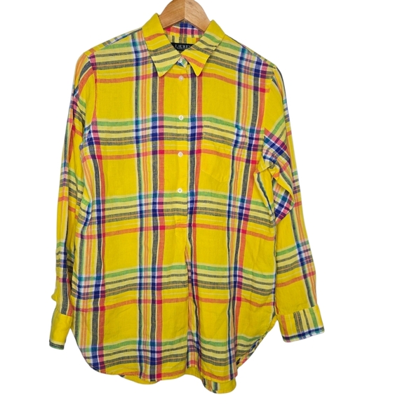 Ralph Lauren LRL Black Label Womens Linen Yellow Plaid Tunic Popover Top Medium - Picture 1 of 12